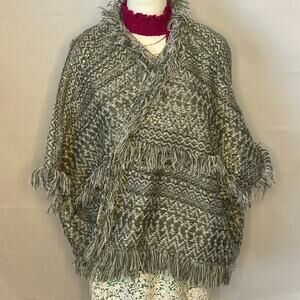 Boho Fringe Open Front Woven Jacket Gold Fleck Poncho Wrap Acrylic
